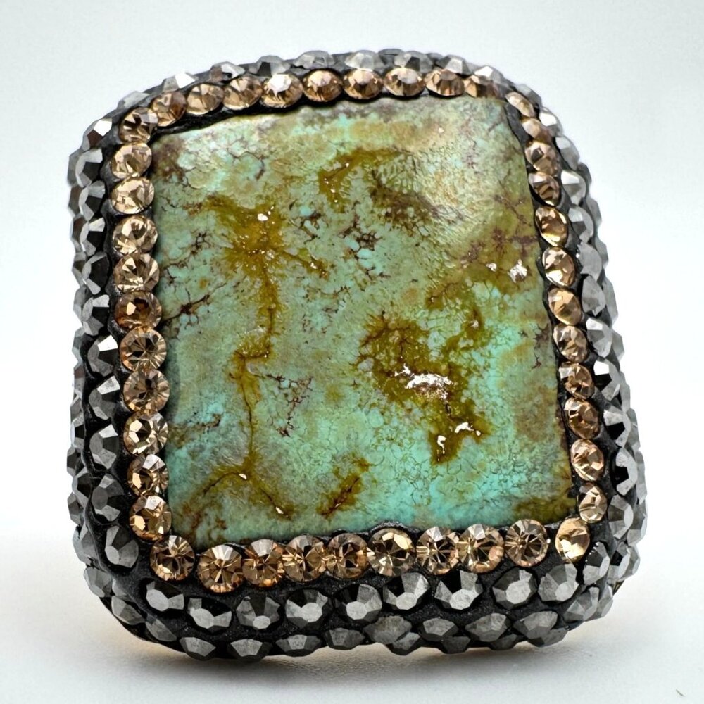 Turquoise Hematite Crystal 925 Silver Vermeil Statement Ring Size 7 Adjustable - Picture 11 of 11